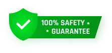 Sello «100% Safety Guarantee» (garantía de seguridad del 100 %) con escudo verde y marca de verificación