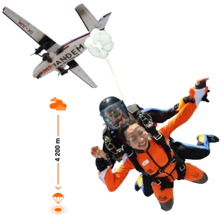 Instructor tándem y pasajero sonriente de naranja en caída libre bajo el avión de JUMP-TANDEM, con una escala de altura de 4 200 m