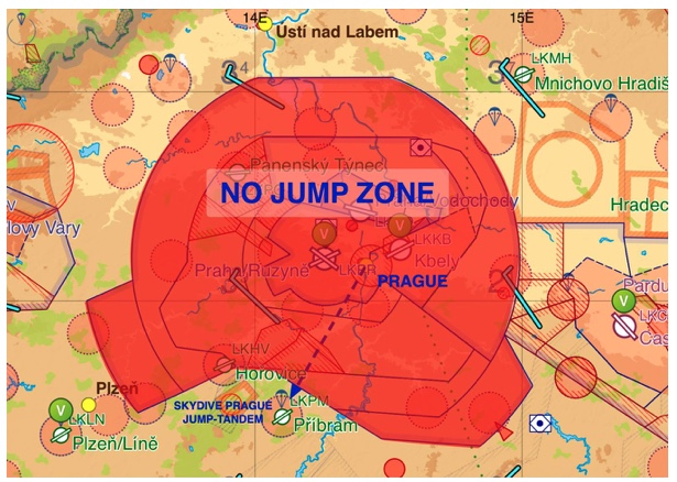 Aeronautical chart: a red No Jump Zone over Prague, Skydive Prague JUMP-TANDEM marked at Příbram on its south-western edge