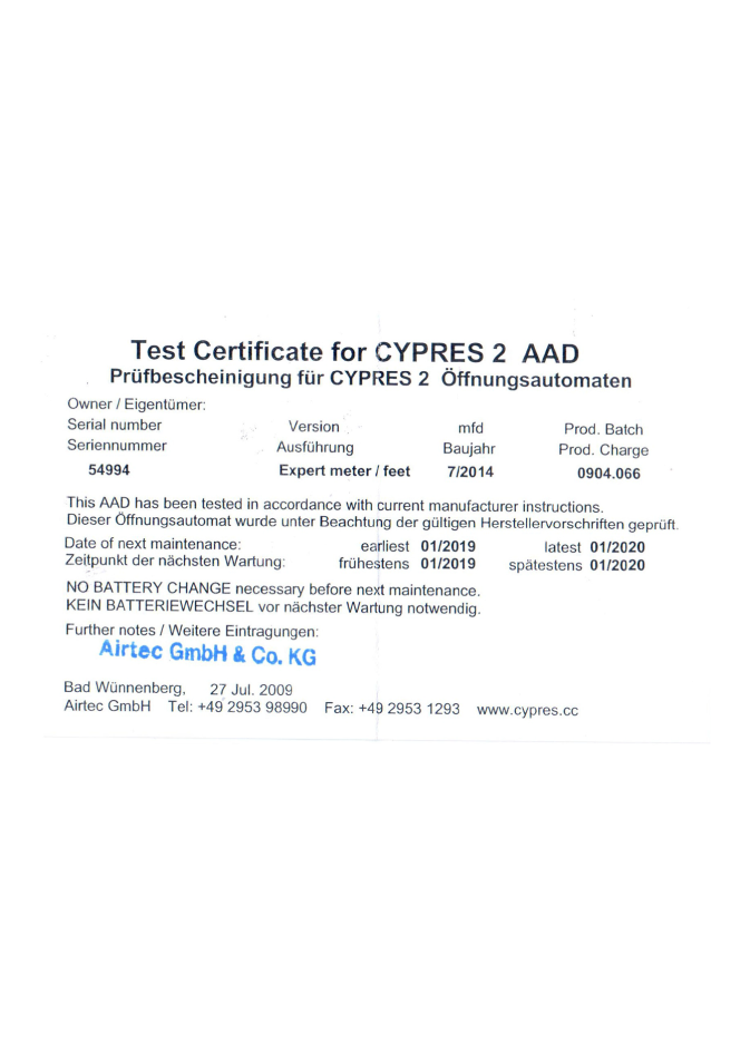 Test Certificate for CYPRES 2 AAD: certificado de prueba del fabricante Airtec para el dispositivo de apertura automática