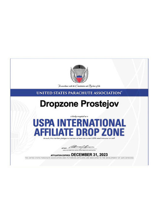 Certificado de la United States Parachute Association: Dropzone Prostejov es USPA International Affiliate Drop Zone