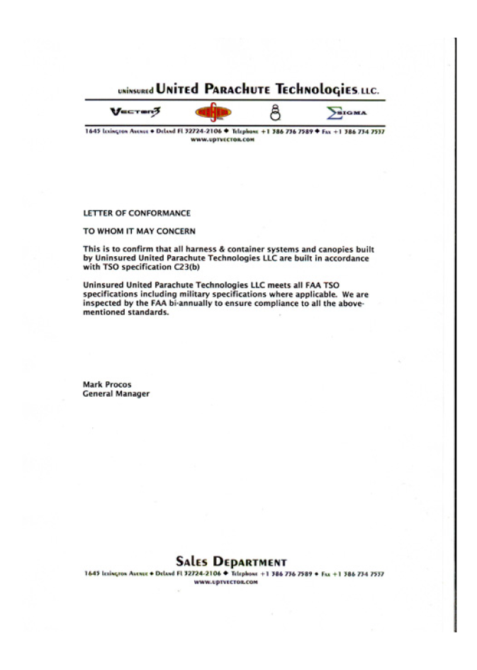 Letter of Conformance de United Parachute Technologies: arneses y campanas cumplen la especificación TSO C23(b)
