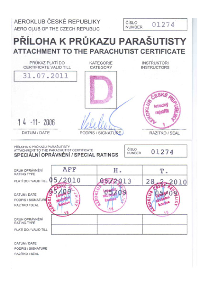 Anexo al certificado de paracaidista del Aeroclub de la República Checa: categoría D y habilitaciones especiales AFF, H y T